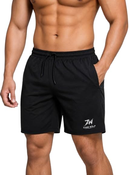 Zone Wolf Men's Gym Shorts with Secure Zip Pocket, Black-picture-18