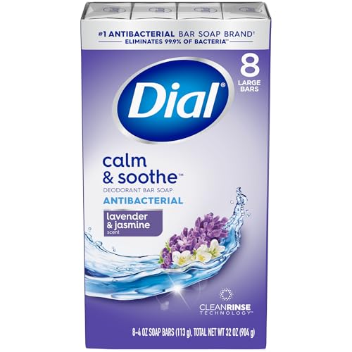 Dial Antibacterial Bar Soap, Calm & Soothe, Lavender & Jasmine Scent, 4 oz, 8 Bars Pack of 4