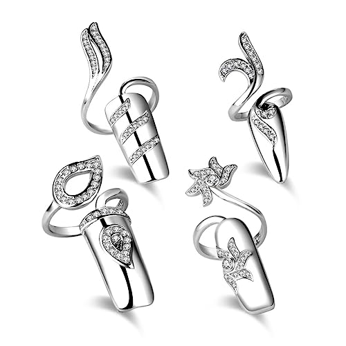 QUUPY 4PCS Women Fingernail Rings Rhinestones Finger Tip Rings Silver Opening Ring Nail Decoration Nail Protecting Fingernail Gift for Wedding Party Travel