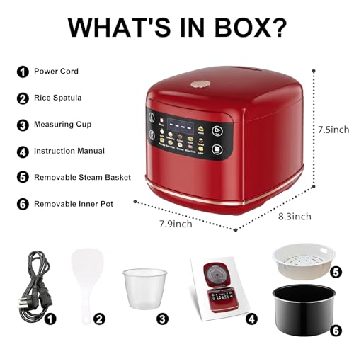 Image of Portable Digital Rice Cooker, 6-Cup (Uncooked) /12-Cup (Cooked) Small Rice Maker with Steaming Basket, Mini Rice Cooker with 2L Removable Nonstick Inner Pot, 10 Menu Options, Auto Keep Warm, 24 Hour Delay Timer (Dark Red)