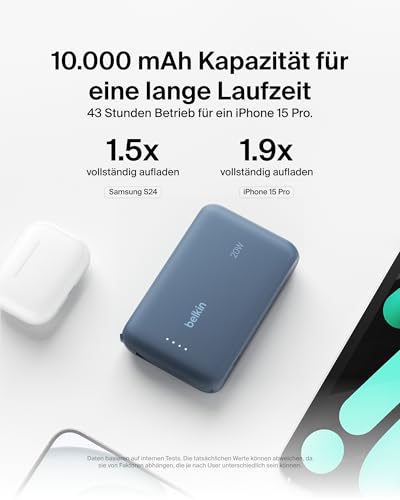 Belkin BoostCharge 10000mAh Power Bank, integriertes USB-C-Kabel – Blau – Ansicht 5