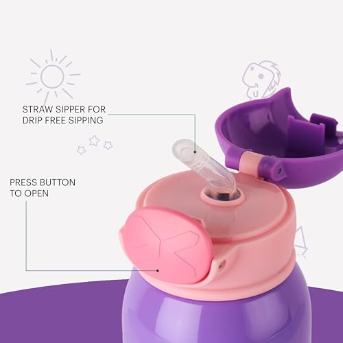 Image of Cello Joytron Kids Flask | Stainless Steel Keeps Drinks Cool or hot for an Extra Long time | Double Walled Vacuum Insulated Technology | Leak Proof lid | 550ml, Purple