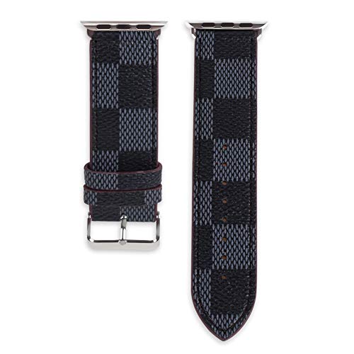 Compatible with Apple Watch 42mm 44mm Band, Luxurious Classic Plaid Stripe Genuine Leather Strap Anti-Fall Soft with Silver Metal Buckle for Apple iWatch Series 4/3/2/1 42mm/44mm Black