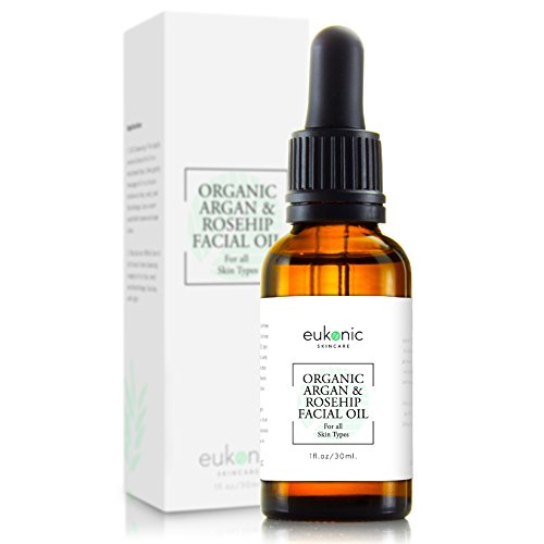 Organic Rosehip Seed & Argan Facial Oil by Eukonic, Cold Pressed Essential Oils Blend for Face, Skin, Hair, Stretch Marks, Scars, Wrinkles & Fine Lines, Omega 3, 6 & 9, Made in USA, 1 Oz