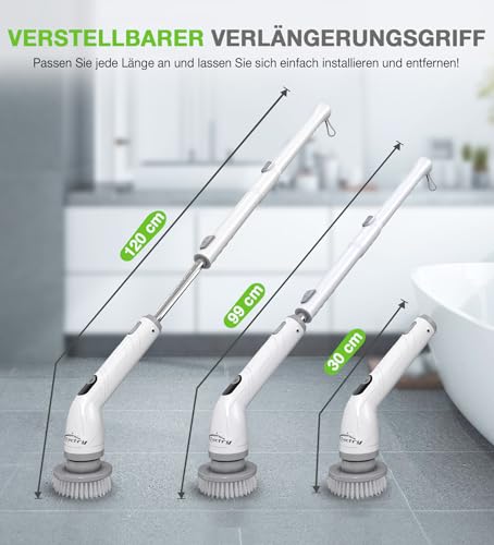 Elektrische Reinigungsbürste mit 4 Aufsätzen, 400 U/min Turbo, Teleskopgriff & 2500mAh Akku – Bad, Küche, Fliesen, Auto, Fugen – Kabellos & wasserdicht