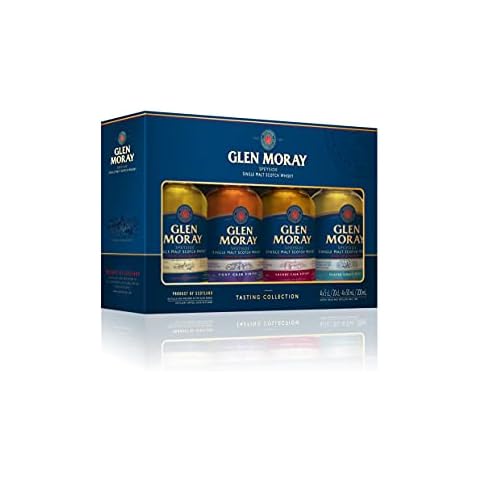Glen Moray Classic miniatures set of 4x5cl 40% ABV, Speyside region whisky including the Classic, Peated, Sherry Cask Finish and Port Cask Finish whiskies. Distilled and matured in Elgin, Scotland Cover