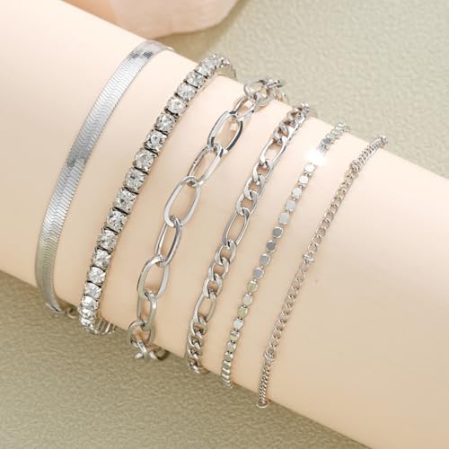 Image of Shining Diva Fashion Gold Plated Bracelet Set for Women & Girls | Set of 6 Trendy Chain Bracelets | Adjustable Layered Bracelet Combo for Daily Wear, Party, Office & Gifting