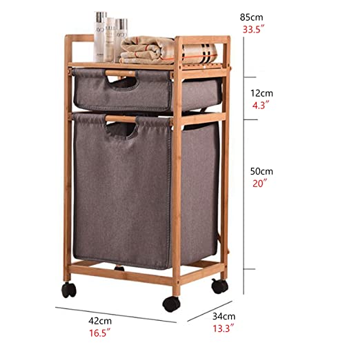 Multi-Function Storage Trolley Organizer Cart Bamboo 2 Compartment Laundry Basket with Pull Out Hamper & Storage Shelf, Nursery Laundry Sorter Cart with Wheels for Boys Girls Clothes