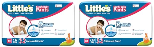Image of Little's Baby Pants Diapers,Medium (M),7-12 kg,32 Count, with Wetness Indicator & 12 Hours Absorption (Pack of 2)