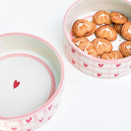 Image of Cute Heart Pattern Ceramic Bowl - Handmade, Checked Design | Breakfast, Soup, Snack Bowl | Dishwasher Safe