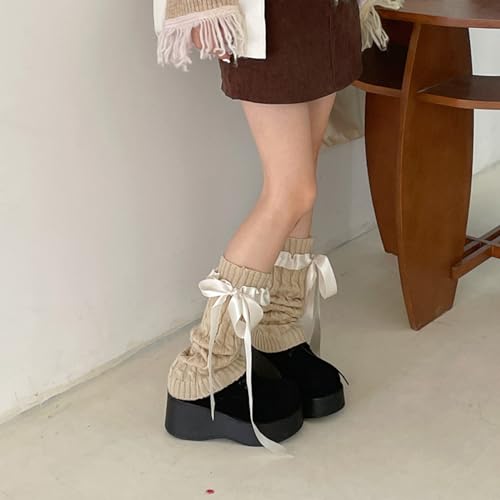 Y2K Leg Warmer Women Girl Japanese Kwaii Loose Socks Sweet Satin Bow Tie Boot Socks 2000s Ripped Knit Leg Warmer 80s3