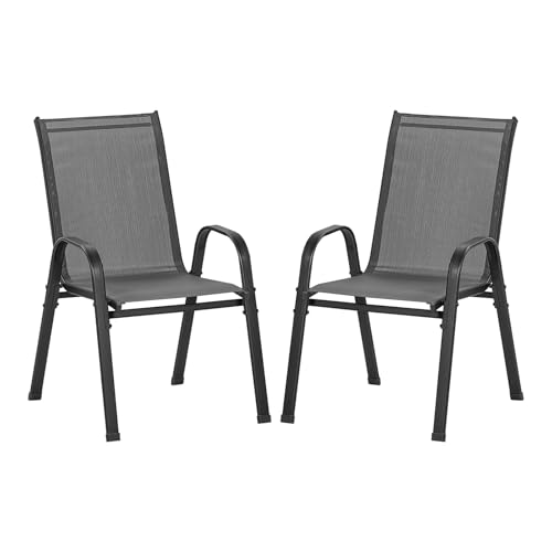 WOLTU Sillas de Jardín, Juego de 2 Sillones Apilables de Exterior, Respaldo Transpirable, Sillas para Terraza Patio Balcón, Estructura de Metal, Gris Oscuro