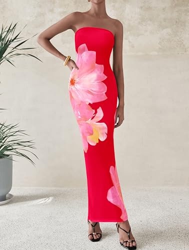 Image of PRETTYGARDEN Women Summer Strapless Maxi Dress Bodycon Floral Sexy Long Wedding Guest Dress Formal Tube Mesh Cocktail Dresses