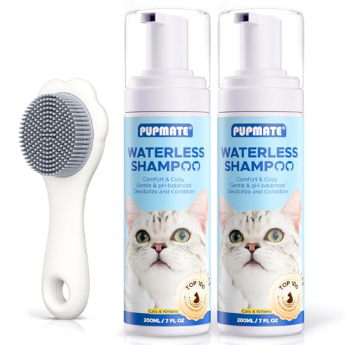 Image of Waterless Cat Shampoo with Cat Brush - No Rinse Foam Dry Shampoo | Deep Cleansing Relieves Itchy Skin & Shedding | Gentle, pH-Balanced for Kittens Sensitive Skin | 2 Shampoo*1 Brush
