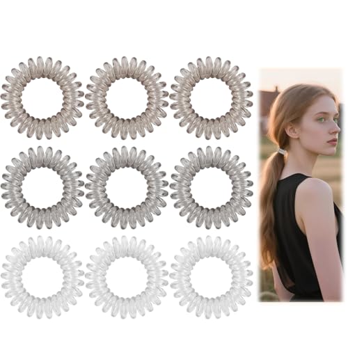 9 Pcs Spiral Hair Ties for Women, Gradient Colors Waterproof Plastic Hair Bands No Damage, Invisible Bobble Suitable for Home Travel Work Swimming Thick Hair Students Working Women & Housewives(Gray)