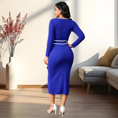 Image of Women's Elegant Church Vintage Bodycon Dress Casual Long Sleeve Work Business Pencil Split Sheath Midi Dresses