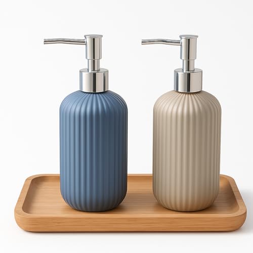 Image of LAGET 300ml Soap Dispenser for Wash Basin -Ribbed Design | Kitchen and Bathroom Accessories Items | Liquid Handwash Dispenser Bottle Chrome Finsih Top- Set of 2 (Metallic Blue and Grey)