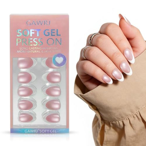 GAWRJ Cat Eye French Tip Press On Nails Magnetic Soft Gel Short Almond False Nails Pink for Women 32 Pcs 16 Sizes Reusable with Nail Glue & Tools Salon Quality Gift