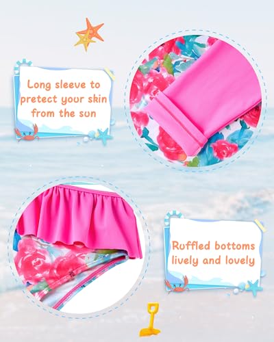 Image of UNIFACO Toddler Girls Long Sleeve Rashguard Swimsuit Set Two Piece Flower Beach Bikinki Swimwear Bathing Suits with UPF 50+ for Summer Swimming Surf