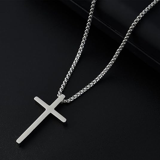 Image of Stainless Steel Cross Pendant Necklace for Men & Women | Silver Christian Cross Locket with Box Chain | Minimalist Religious Jewelry Gift