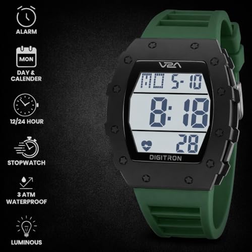 Image of V2A Digitron 2118 Tonneau Sports Watch for Men & Boys | Rugged Design | Big Dial | Alarm, Stopwatch, 12 /24H | 3 ATM Water Resistant | Luminous Display | Sports, Fitness, Outdoor & Training | Gifts for Men & Boy (DarkGreen-White)