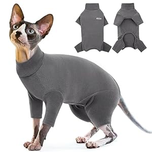 Sphynx Cat Winter Coat, Cat Pullover Turtleneck Sweater Cat Pajamas Stretchy Jumpsuit Cat Fleece Vest Cat Apparel Winter Cat Jacket Cat Overalls Cat Shirt Cat Christmas Outfit(Grey, M)
