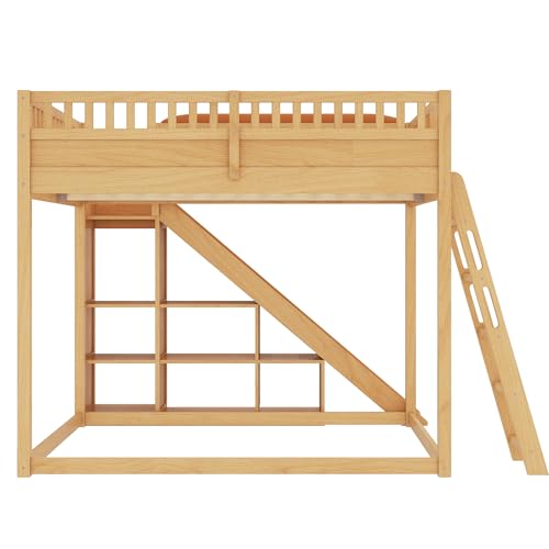 Image of Bellemave Bunk beds Queen Over Queen with Slide and Stair, upholstered headboard, Low bunk /loft Bed for Kids，Natural