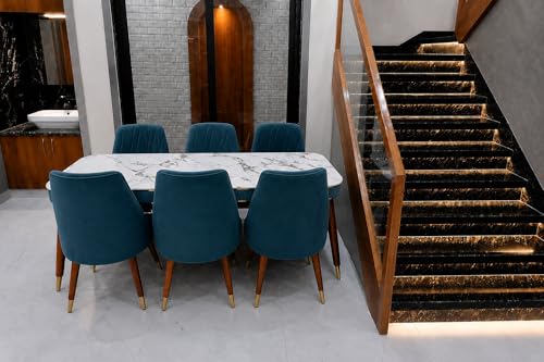 Image of WOODEN SPACE 6-Seater Wooden Dining Table Set | Nano Composite Marble Top | Solid Wood Base | Modern Dining Room Furniture with 6 Chairs (Seablue Frontline)