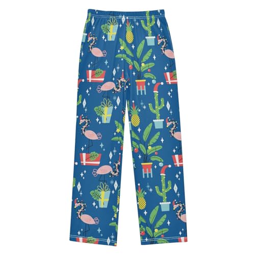 Merry Christmas Flamingo Cactus Boys Long Pants Soft Trousers Elastic Waist Kids Lounge Bottoms with Pockets S-XL