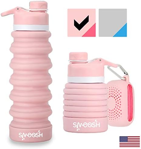 SMOOSH 2-in-1 Collapsible Silicone Travel Water Bottle & Microfiber Cooling Towel - BPA Free, Large 25oz Food Grade Silicone Bottle - The Ultimate Lightweight Portable Combo (Light Pink)