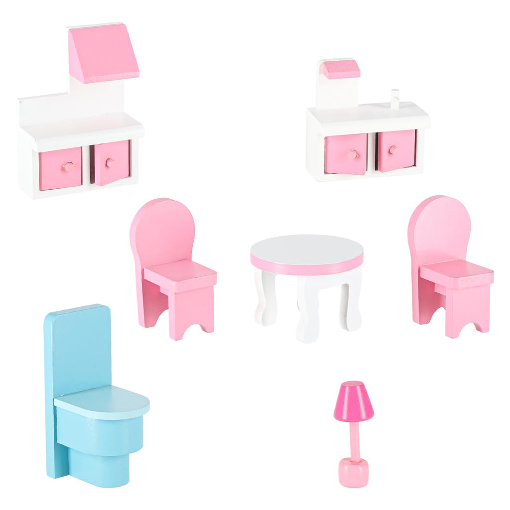 Casa delle Bambole in Legno con Giardino, LED - Rosa - Grande 70 x 61 x 51 cm