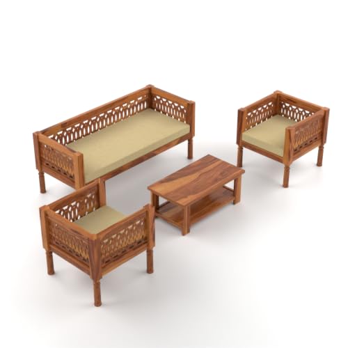 Image of NATRAJ ART & CRAFT Sheesham Wood 5 Seater Sofa Set for Living Room | Wooden CNC Sofa Set for Living Room Furniture (3+1+1 Seater, Honey Finish)