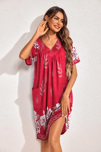 Image of Ekouaer Womens House Dress Floral Print Nightgown with Pockets Mumu Dress | V Neck Nightgowns for Women Pleated Short Sleeves Mumu Dresses Knee Length Moo Moo for Sleep, Daily Wear, Vacation, Party