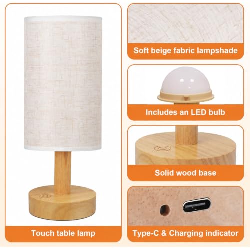 Image of Rechargeable Cordless Touch Table Lamp with Stepless Dimming,Natural Wood Base&Linen Shade,Small Battery Wireless Ambient Night Light for Bedroom,Bedside,Nightstand,Nursery,Kitchen,Camping,Outdoor