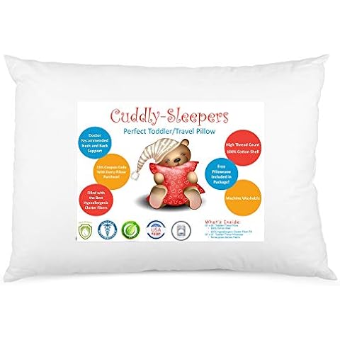 Digital Decor Toddler Pillow - 100% Cotton Outer Fabric - Made in USA Baby Pillow Perfect for Sleeping in Daycare Preschool, Portable Travel Pillow for Neck Head and Spine - 13"x18" Cover