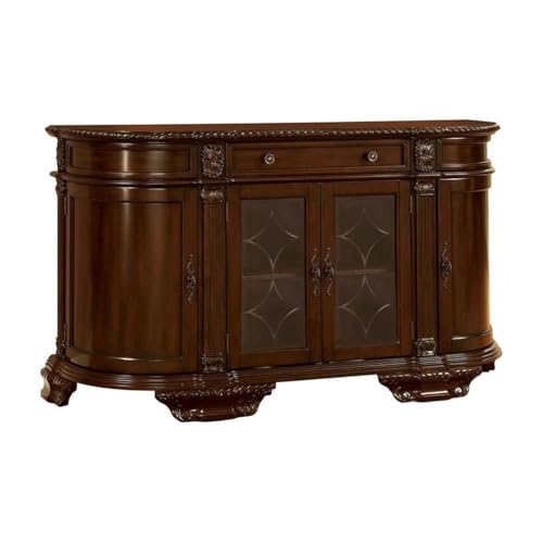 Pemberly Row Modern Wood Multi-Storage Buffet, Brown Cherry Finish, 65.75" W x 19" D x 38.25" H, Solid Wood, Veneer, MDF, Glass, Traditional Style with Curved Side Cabinets and Glass Doors for Dining