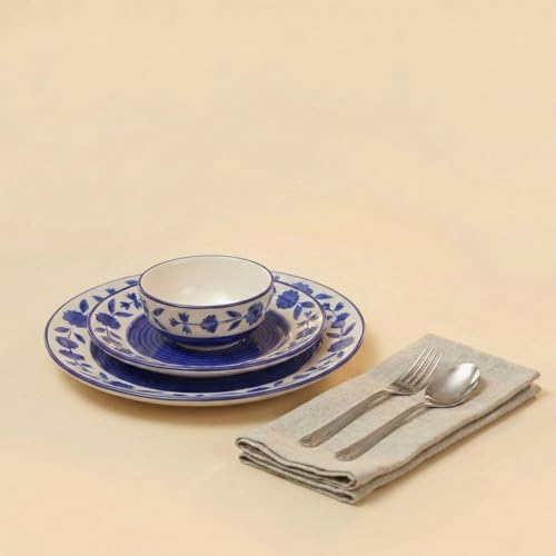 Image of Ceramic Dinner Set, Blue and White Floral Design, 18 Pieces, Microwave and Dishwasher Safe