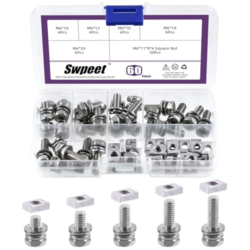Swpeet Battery Bolts and Nuts Akku Schrauben und Muttern60 Pack 304 Edelstahl M6 x 10/12/16/18/20mm Phillips Kopf Motorrad Batterie Klemmenschrauben und Muttern mit quadratischen Muttern