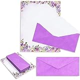 Pipilo Press Purple Watercolor Floral Stationery Paper and Envelopes Set (8.5 x 11 In, 48 Pack) - Stationary Letter and Envelopes
