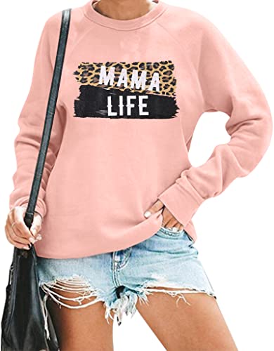 Jinting Mama Life Sweatshirt Women Leopard Mom Saying Top Tee Mother Gift Lightweight Pullover Long Sleeve Blouse #TOP29
