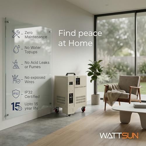 Image of Wattsun 5kVA Inverter with 10.24KWh High Capacity Inbuilt Lithium Battery | Upto 15 Yr Life | Solar Compatible | UPS Mode | Runs 1.5 Ton AC | Fast Charging, Zero Maintenance | 5-Year Warranty