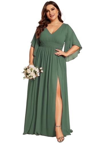 Image of Ever-Pretty Plus Women's Plus Size V Neck Half Sleeves Slit A Line Floor Length Bridesmaid Dress 01886-DA