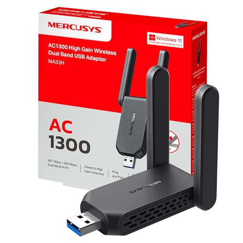 Mercusys MA32H Adaptador USB Wi-Fi de Alta Ganancia AC1300 de Doble Banda (5 GHz y 2,4 GHz), con Antenas externas, Compatible con Windows 10 y 11, Seguridad WPA3, USB 3.0