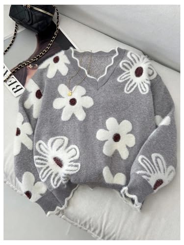 Image of BEAUDRM Girl's Cute Bow Sweater Crew Neck Long Sleeve Drop Shoulder Loose Pullover Tops