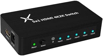HDMI Switch Ultra Slim 5x1 Ports, 5 in 1 Out Aluminum Switch w/IR Remote & AC Adapter, Supports HDTV, 4K2K 1080P, 720P, Full 3D for PS, Xbox, Nintendo, Projector - Black 11007