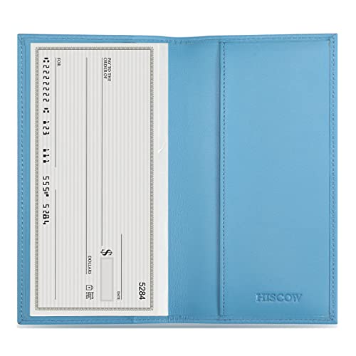 Image of HISCOW Slim Leather Checkbook Cover for Personal Checks, Premium Aqua Blue, One Size, Minimalist | Full grain cowhide, transaction register & check book pockets, removable duplicate divider, durable stitching, gifts for men