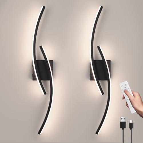 Image of Battery Operated Wall Sconce Set of 2,Black Wall Sconces with Remote Control,3000K-6000K Modern LED Wireless Wall Light for Living Room, Hallway, Bedroom, 31.89 Inch (2 Pack)