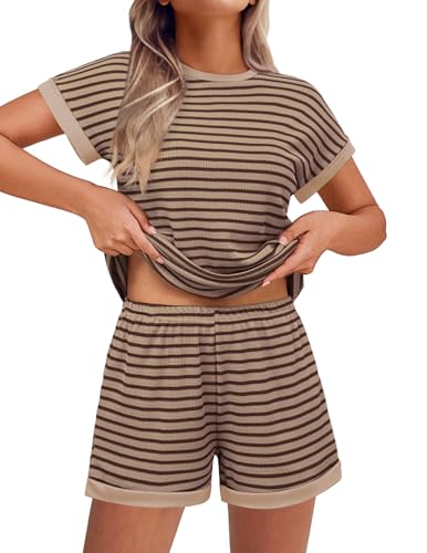 Ekouaer Waffle Knit Lounge Set Women Stripe Pajama Sets Short Sleeve Pj Tops and Shorts Matching loungewear with Pockets