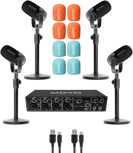 Movo 4-Person Podcast Equipment Bundle – 4-Channel USB Audio Interface, 4 CastMic Dynamic...