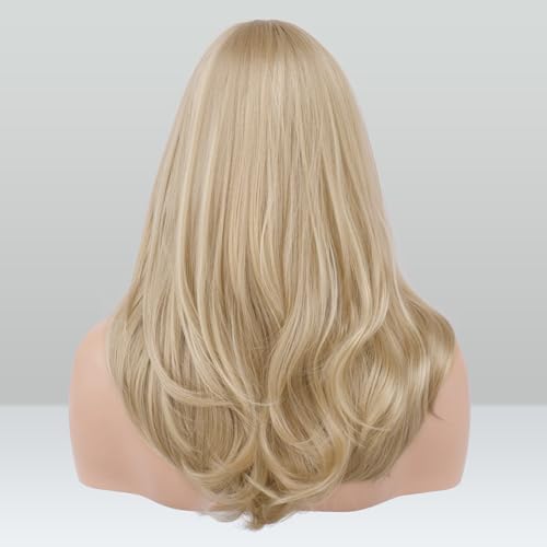 Image of FESHFEN Blonde Wigs with Bangs, Synthetic Natural Looking Long Layered Straight Hair Wig for Women Daily Party Costume, 18 inch Dirty Blonde